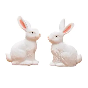 Miniatura resina para decoração, boneco de coelho branco, ornamentos de coelho, fontes, jardim, estatueta de decoração