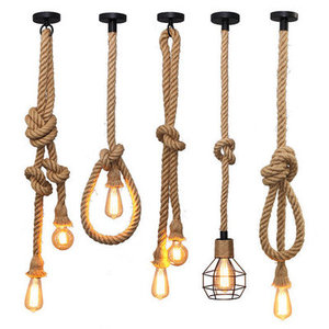 Lustre en corde <span class=keywords><strong>de</strong></span> chanvre vintage rétro loft industriel ampoule <span class=keywords><strong>LED</strong></span> luminaire avec interrupteur pour la maison hôtel restaurant bar - Product Image 2