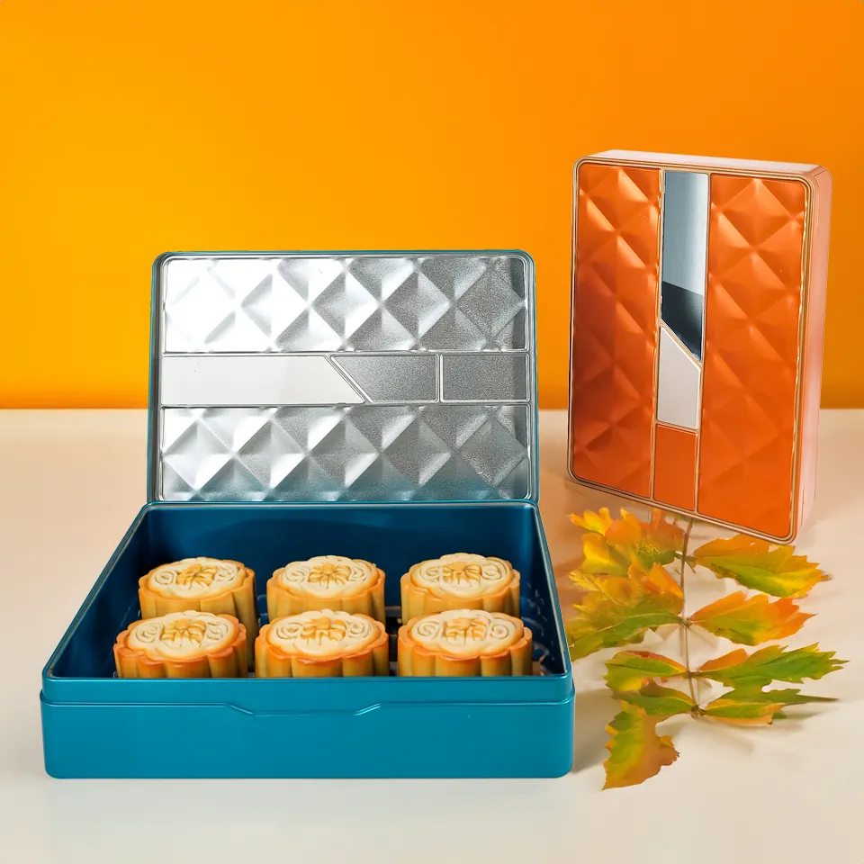 Jinyuanbao custom luxury blue/orange metal tin can food packaging tin case mooncake dessert gift tin container