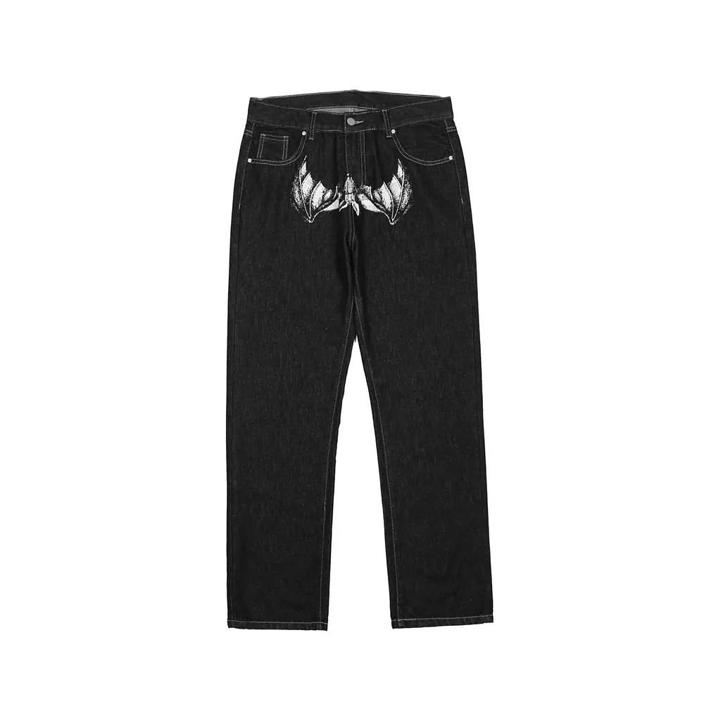 Dark Face Print Wide Jeans Mens High Street Fashion Jeans Pant Black Casual Straight-leg Denim Pants Trendy Hip Hop Jeans