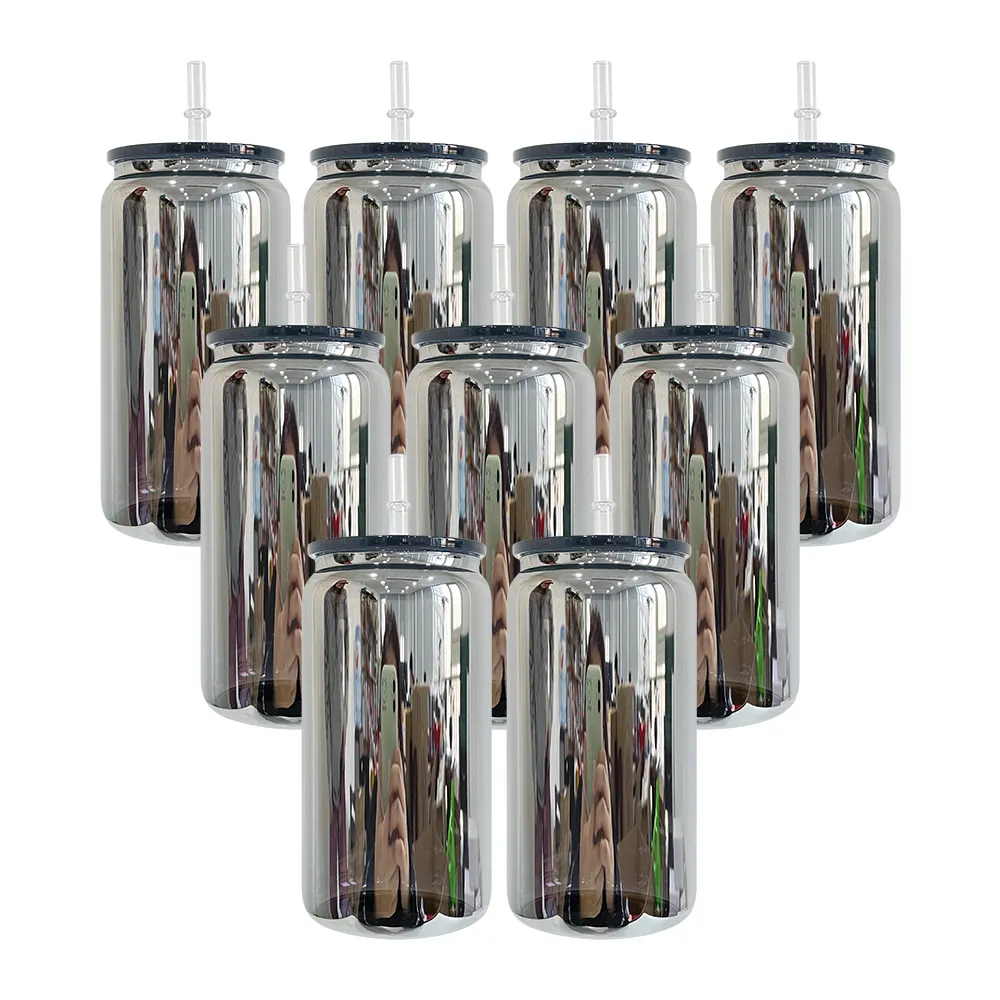 Geschirrspüler sicher trinkbecher metallspiegel schwarz plattiert 16oz Dose geformter Glasbecher mit bunten Kunststoffdeckeln für Sublimation
