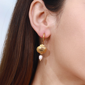 Yueli Shell Fish Pearl <b>Earrings</b> Necklace Set Gold Women's Fashion Jewelry Nautical Theme - Product Image 2