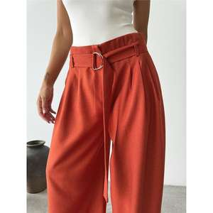 Pantalon palazzo à jambes larges, taille haute, en tissu crêpe, infroissable, couleur terre cuite, pour femmes - Product Image 4