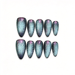 Uñas Postizas Cortas de Almendra Hechas a Mano, Diseño Ojo de Gato Galáctico, Arte Magnético Starburst, Uñas con Brillo Púrpura Turquesa Nebulosa, Venta al por Mayor - Product Image 1