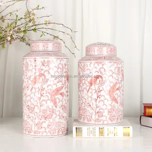 J261 High quality chinoiserie red flower bird jar vase home decor ceramic cylinder jars with lids