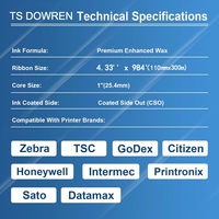 Pita Wax 4.33'' X 984', Pita Printer Barcode Hitam 110mm X 300m, Tinta CSO di Luar, Inti 1'' untuk Zebra, TSC, GoDex, Citizen