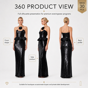 Vestido de Noche Formal Negro de <span class=keywords><strong>Lentejuelas</strong></span> para <span class=keywords><strong>Mujer</strong></span>, Diseño Personalizado, Cuello Halter de Lujo, Detalle de Flores, Cintura con Peplum, Largo hasta el Suelo - Product Image 4