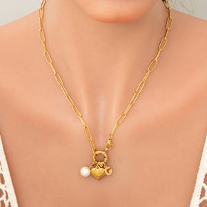 Collar de Perlas DIY de Acero Inoxidable Hecho a Mano de Alta Gama para Mujer, Cadena de Clavícula con Eslabones en Forma de Corazón de Moda, Corte Princesa, Ideal para Fiestas - Product Image 2