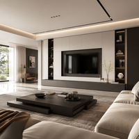 Ensemble de meubles TV modernes et minimalistes en bois, du sol au plafond, finition crème mat et gris anthracite, pour salon d'hôtel