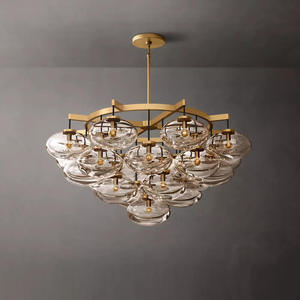 Lustre industriel rond en verre soufflé à la main, cadre métallique rétro, abat-jour ovale en verre transparent, lustre américain pour salle à manger et salon - Product Image 2