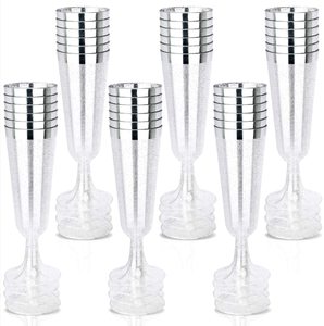 Silver Rim Champagne Flutes 4 Oz Disposable Champagne Glasses, 2-Piece Plastic Toasting Glasses for Celebration, Wedding