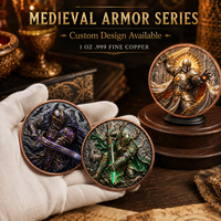 Pièce de monnaie en cuivre pur 999 de 1 oz, série Armure Médiévale, Guerrier en relief 3D coloré, édition collector UV