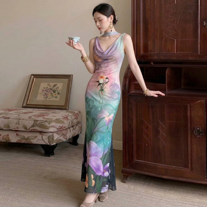 Floral Print Halter Midi Dress Women Retro Inspired Sleeveless Slim Fit Elegant Summer Vacation Casual Long Dress - Product Image 4