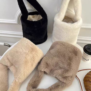 Luxury All Seasons Classic Plush Bucket Crossbody Bag Women Soft Fluffy <b>Rabbit</b> Ear Cylinder Zipper Closure Casual Warm Chains - Product Image 1