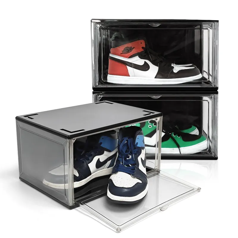 Organisateur de chaussures noir boîte à chaussures empilable personnalisée boîte de rangement et étagères de baskets en acrylique magasins d'usine paquet de carton en plastique PET