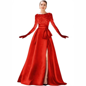 Black Long Sleeve <b>Sequined</b> Evening Gown Boat Neck High Slit Full Length Formal Dress For Banquet Party - Product Image 4
