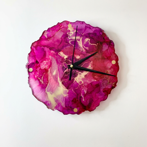 Glamour Fuchsia Geode Epoxy Wall Clock Fluid <b>Art</b> Gold Shimmer Wavy Border Non Ticking Quartz Hanging Watch Decor - Product Image 1