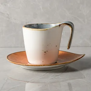 Jiujiuju Chian Supplier Speckle Ceramic 3oz Espresso Vajilla Cup Reactive Unique Handle Porcelain Tea Cups And Saucers