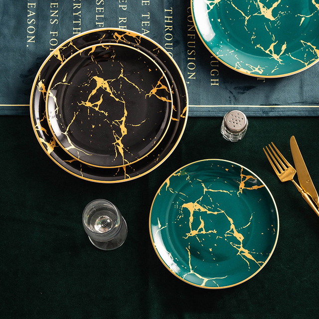 SYL Wholesale High Quality 8/10 Inch Ceramic Round Marble Gold Rim Dinner Plate Wedding Charger Plates