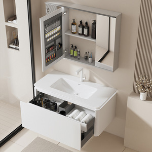 Mueble de baño Aivijia con lavabo de cerámica y gabinete con espejo, lavabo flotante color crema - Product Image 2