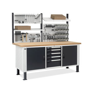 Fami Master BR 200cm établi réglable avec plateau en bois, 4 tiroirs, 2 armoires et mur perforé - Product Image 3