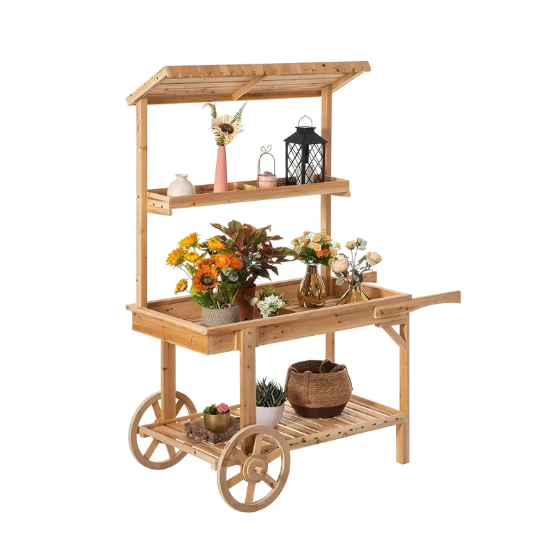 Wood Plant Stands with Wheels for Decor Display 2 Wheeled Wood Wagon with Shelves for Plants Solid Wood Decor Display Rack Cart