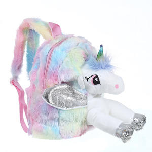 Nouveau Fluffy Mini Rainbow <span class=keywords><strong>Licorne</strong></span> <span class=keywords><strong>Sac</strong></span> à <span class=keywords><strong>dos</strong></span> en peluche Logo personnalisable pour les filles et les garçons-China Wholesale - Product Image 2