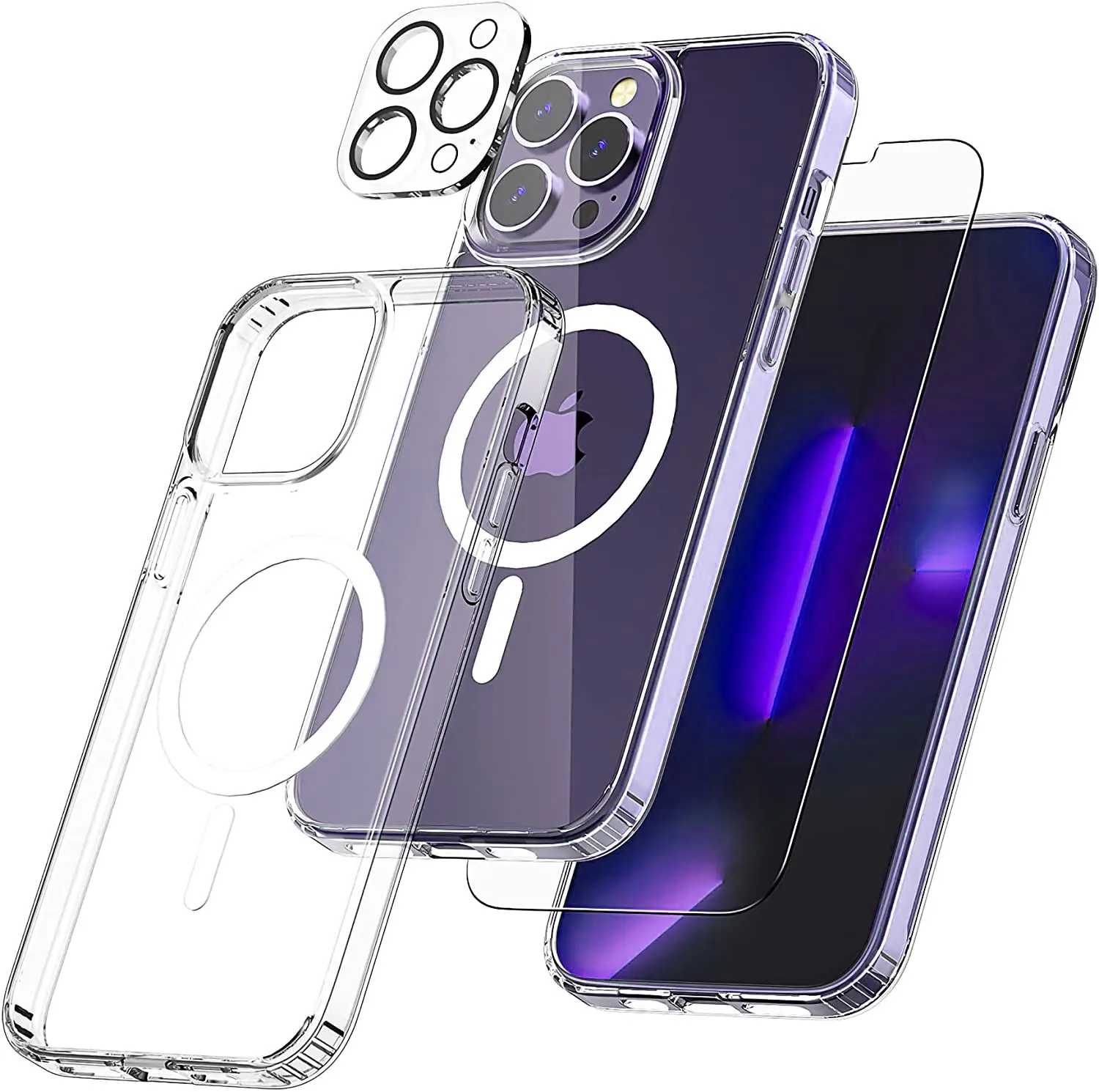 [5 em 1] conjuntos de estojo para iphone 14 pro max, com 2 peças de protetor de lente + 2 peças 9h protetor de tela + capa magnética, imperdível