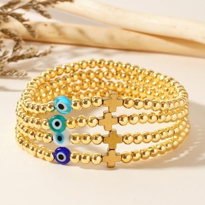 Bracelets perlés étanches plaqués or 18 carats en acier inoxydable, avec croix en pierre de gallstone noire et yeux bleus, faits main, empilables, tendance, unisexe, mode - Product Image 3