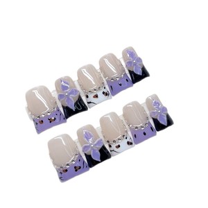 Unghie Finte Quadrate Press-On Fatte a Mano, Nere con Fiocco Francese, Stile Europeo/Americano, Eleganti e di Alta Qualità per Ragazze, Nail Art di Classe - Product Image 6