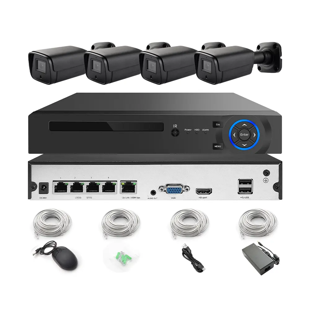 Cámara IP de vigilancia tipo bala para exteriores, Kit de NVR POE de seguridad, 4 canales y 4MP