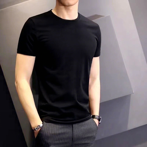 T-shirt pour homme, noir, coupe slim, manches courtes, col rond, coton, uni, décontracté, respirant - Product Image 1