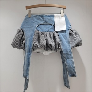 Viviblook กระโปรงเอวสูงสำหรับผู้หญิง, กระโปรงพองแต่งฟองเอวสูงหรูหราผ้าเดนิมเย็บปะติดปะต่อกันกระโปรงทรงเอไลน์สำหรับผู้หญิงกระโปรงสั้นแบบลำลองสำหรับ Z618SK01 - Product Image 3