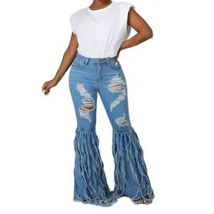 Sexy fashion ladies versatile tassels holes stretch slim flare pants bell bottoms women's jeans wholesale