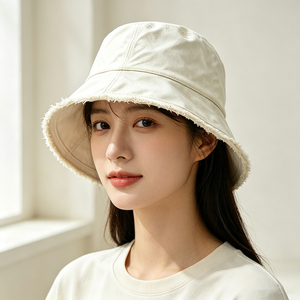 Sombrero de Pescador de Lona con Borde Deshilachado, Unisex, Color Beige Sólido, de Algodón, Estilo Vintage, con Ala Ancha, Protección Solar para Exteriores - Product Image 1