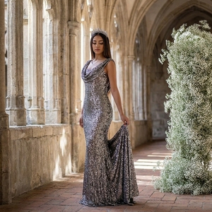 Robe de soirée sirène de luxe Nt122 à sequins, col drapé scintillant, avec traîne, pour bal de promo, fête, mariage Jancember - Product Image 1