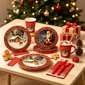 Bộ đồ dùng tiệc Giáng Sinh chủ đề Ông già Noel, đồ trang trí lễ hội, đĩa giấy, cốc giấy, khăn ăn, khăn trải bàn dùng một lần - Product Image 5