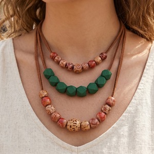 Boho Triple Strands Suede <b>Rope</b> Necklace Multi Shape Printed Wood Beads Women Vintage Casual Western Neck Ornament - Product Image 6