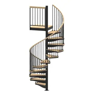 Ahşap basamaklı siyah galvanizli spiral merdiven kapalı yüksek son paslanmaz çelik malzemeler