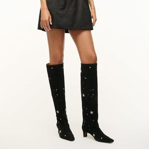 Bottes d'hiver à talons carrés épais en daim avec diamants et fleurs pour femmes, hauteur genou - Product Image 5