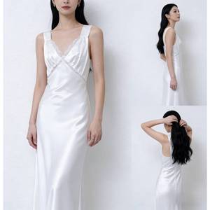 Elegante <span class=keywords><strong>Vestido</strong></span> Largo <span class=keywords><strong>de</strong></span> Satén Blanco con Encaje <span class=keywords><strong>para</strong></span> Mujer, <span class=keywords><strong>Vestido</strong></span> con Tirantes Finos y Cuello en V, <span class=keywords><strong>Vestido</strong></span> Formal <span class=keywords><strong>para</strong></span> Invitadas <span class=keywords><strong>de</strong></span> <span class=keywords><strong>Boda</strong></span> y Damas <span class=keywords><strong>de</strong></span> Honor - Product Image 2