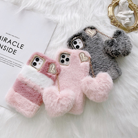 Coque de téléphone anti-choc étanche en fourrure de lapin en peluche personnalisée pour 13 Pro Max Love Heart Ball