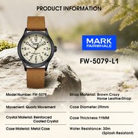Montre à quartz décontractée Mark Fairwhale pour étudiant, étanche 30M, bracelet en cuir marron, boîtier mat, verre minéral, usage quotidien FW-5079