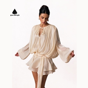 Abito Estivo Personalizzabile in Chiffon <span class=keywords><strong>con</strong></span> Scollo a Goccia, Maniche a Pipistrello, Orlo a Doppio Strato <span class=keywords><strong>con</strong></span> Volant e Dettaglio Plissettato sul Collo - Product Image 1