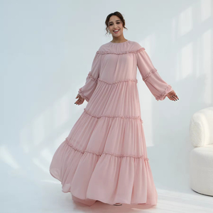Wholesale Islamic Women's Floor Length Double Layer Chiffon Tiered Ruffle Elegant Solid <b>Long</b> Sleeve <b>Dress</b> <b>for</b> Wedding & <b>Eid</b> - Product Image 5