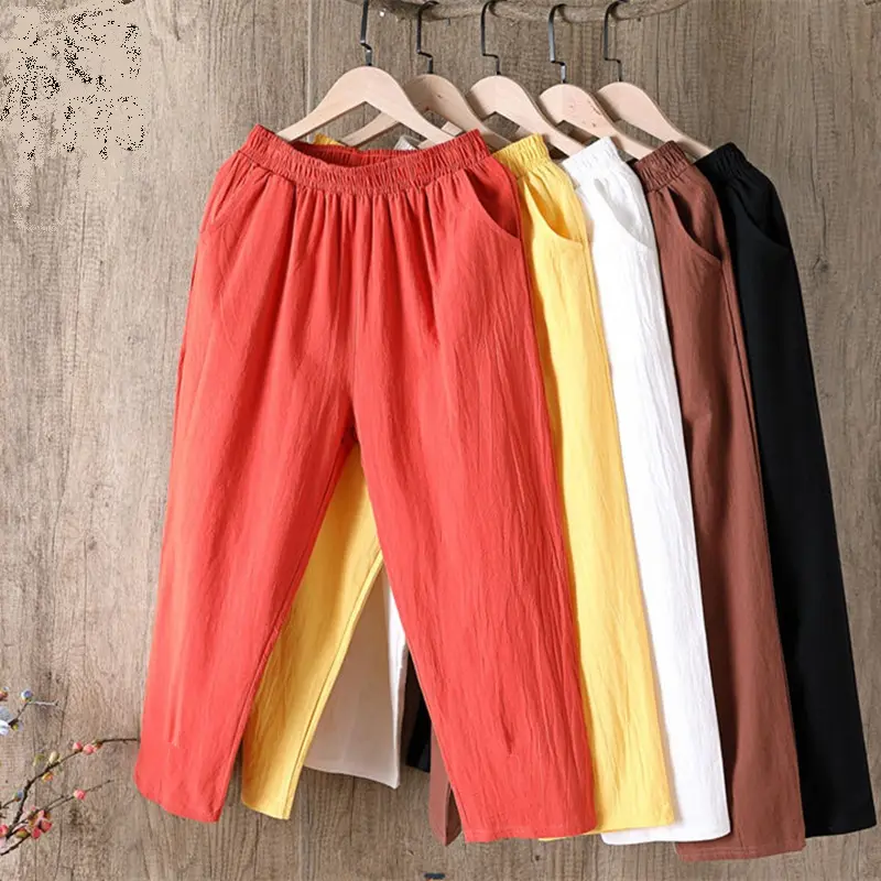 Amazon Hot Sale New Large Size Women Solid Color Ankle-Length Pants Loose Casual Cotton And Linen Trousers
