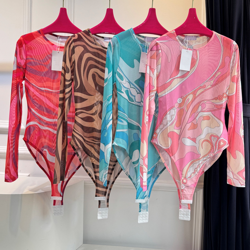Women's Geometric Print Mesh Long Sleeve Tanktop Wholesale Crew Neck Sheer Breathable Skinny Fit Nylon/Cotton Top For Bulk Order