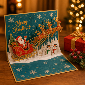 Carte de vœux de Noël pop-up 3D, traîneau du Père Noël, carte de Noël artisanale, cadeau festif, artisanat en papier - Product Image 2