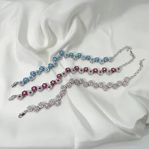 Adjustable S925 Sterling Silver Pink Red Blue Flower Bracelet Women's Fashion Light Luxury Princess Style Bracelet