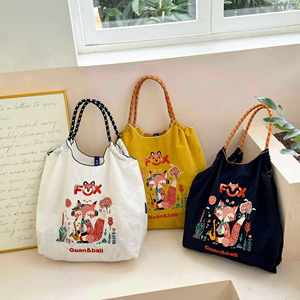 Summer Women Internal <b>Frame</b> Portable Nylon <b>Embroidery</b> Cartoon Pattern Fashion Large Capacity String Closure Shoulder Shopping - Product Image 1